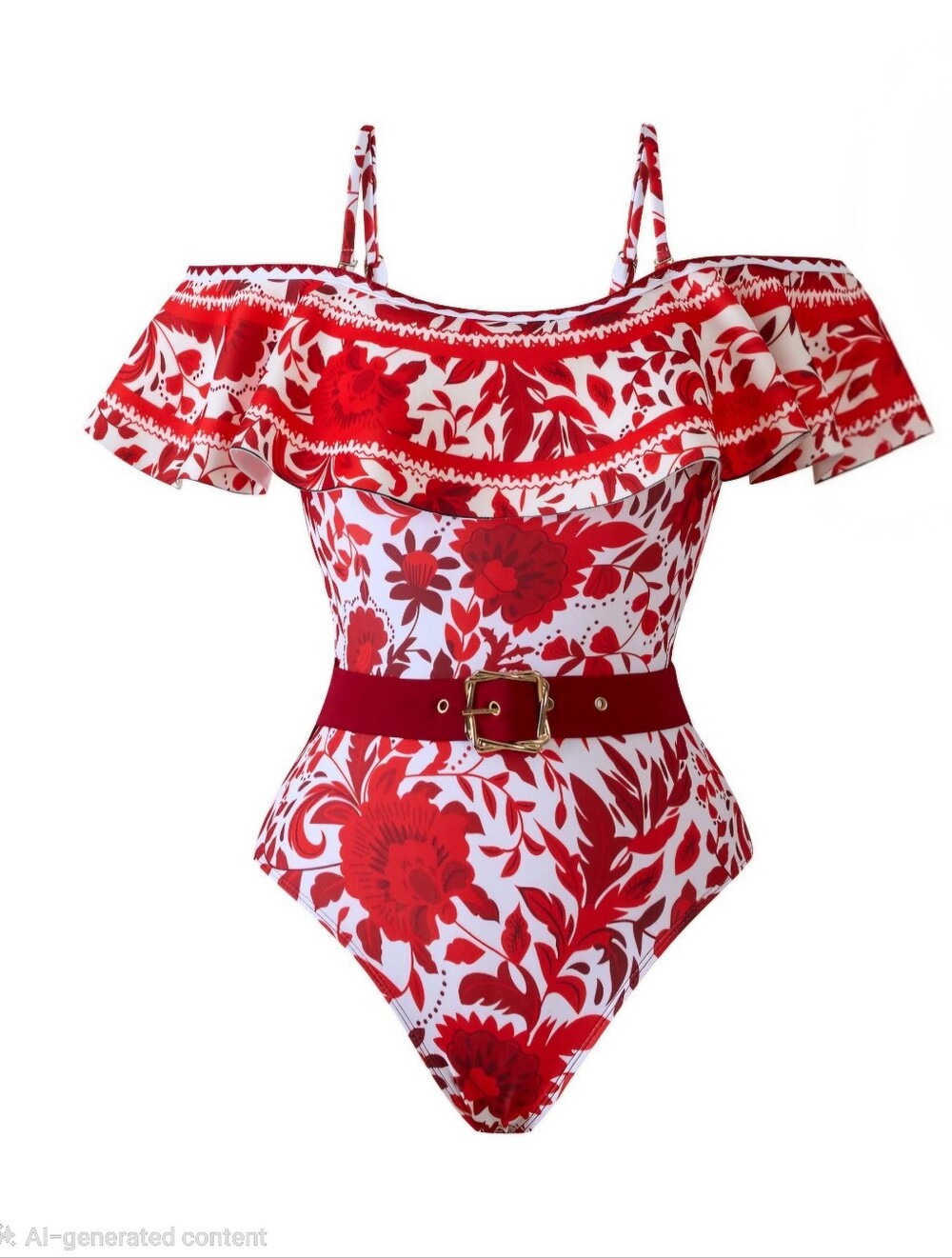 NWOT Women's Red Floral One-Piece Swimsuit with Belt - Size Medium